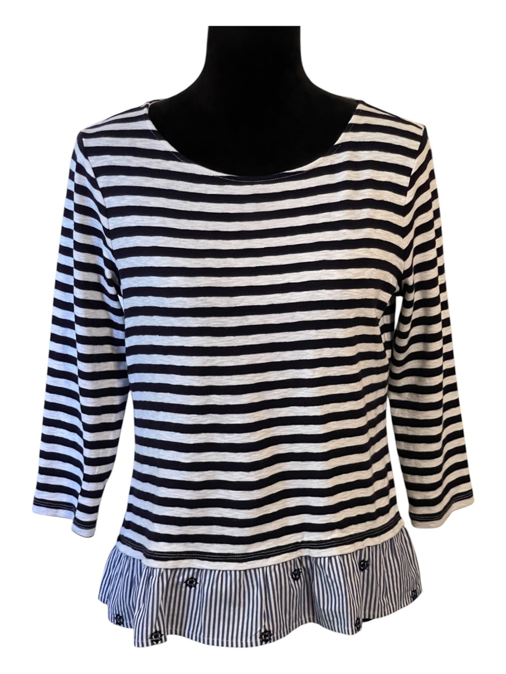 TALBOTS NAVY & WHITE STRIPED NAUTICAL 3/4 SLEEVE TOP SZ SM - Picture 2 of 10